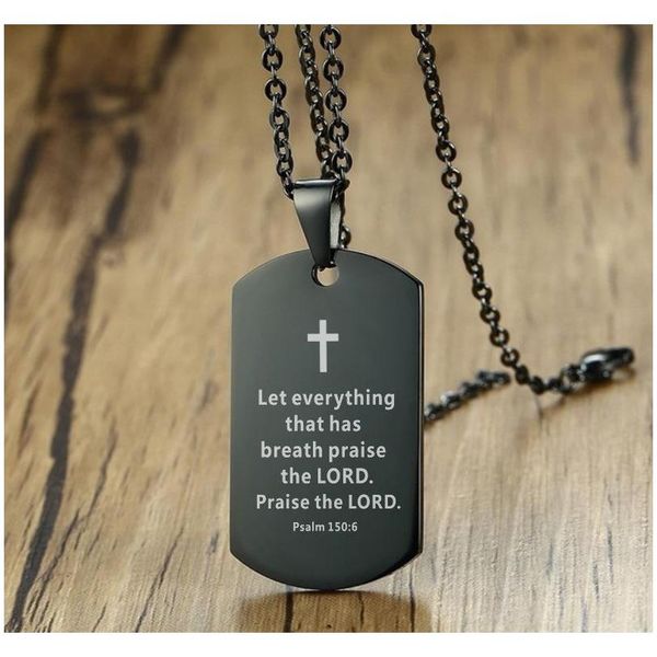

bible verse necklace cross stainless steel mens necklace dog tag pendant religious jewelry black for christian prayer gift 4uvgc, Silver