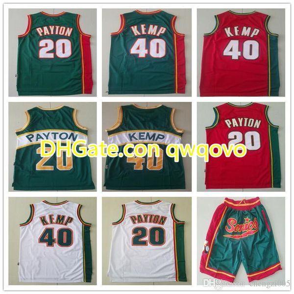 

mens seattle super sonics throwback gary 20 payton shawn 40 kemp basketball shorts basketball jerseys red white high quality, Black;red