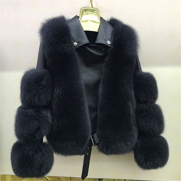 

real natural biker overcoat jackets for coat women fox fur jacket y201012, Black