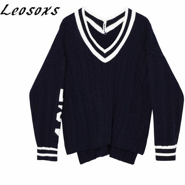 

leosoxs korean loose lazy v-neck long sleeve sweater pullover soft warm letters design women sweaters pullovers 2020 winter new, White;black