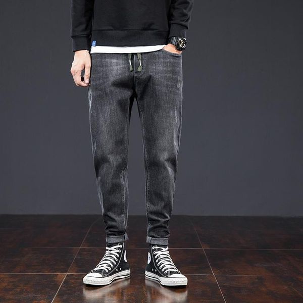

men's jeans 2021 autumn men student slim harem blue fashion straight denim trousers male casual elasticity cropped regular fit pants