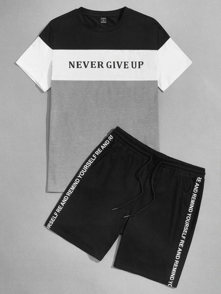 

men slogan graphic colorblock & tape side track shorts set i9xw#, Gray