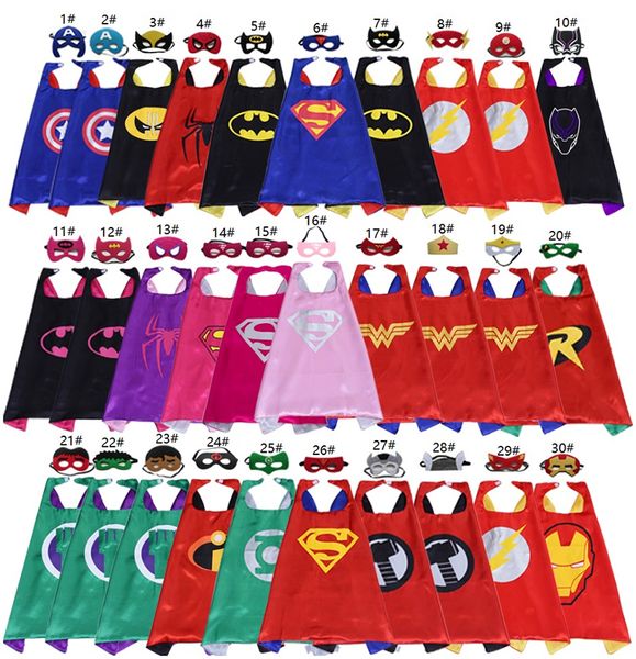 70 * 70 cm Double Sided Satin Cartoon Costumi Cosplay all'ingrosso 30 figure Mantelle di supereroi Maschere Set Bambini Halloween Christmas Party Stage Performance ragazzo ragazza