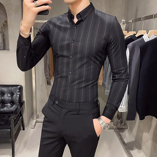 

british style black/white autumn winter long sleeve striped shirts men clothes 2020 slim fit casual business formal wear dress, White;black