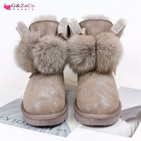 

g&zaco women sheep wool boots genuine leather ball fox fur snow boots shoes cowskin sheep fur boots flat warm winter shoes lj201030, Black