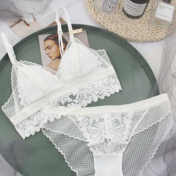 

full lace wireless cotton cup comfortable ladies underwear sets soft-cup triangle bralette and transparent panties bra lingerie c1212, Black;white