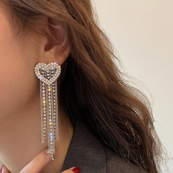 

2021 New Long Tassels Earrings For Women Luxury Heart Full Rhinestone Crystal Dangle Drop Lady Earring Fashion Girls Ear Jewelry, Silver