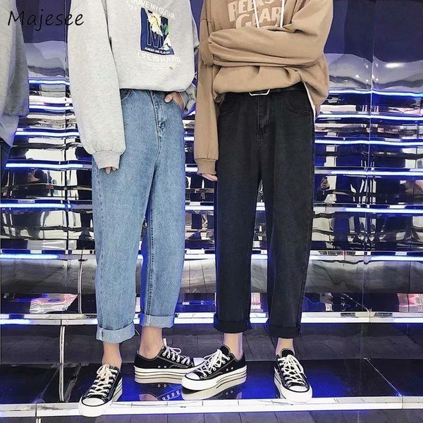 

men's jeans high waist men loose casual korean style harem trousers fashion simple students vintage washed ankle length pockets zipper, Blue