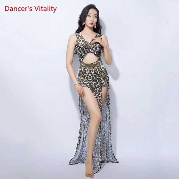 

belly dance practice clothes summer new female leopard yarn double split one-piece dress performance clothing1, Black;red