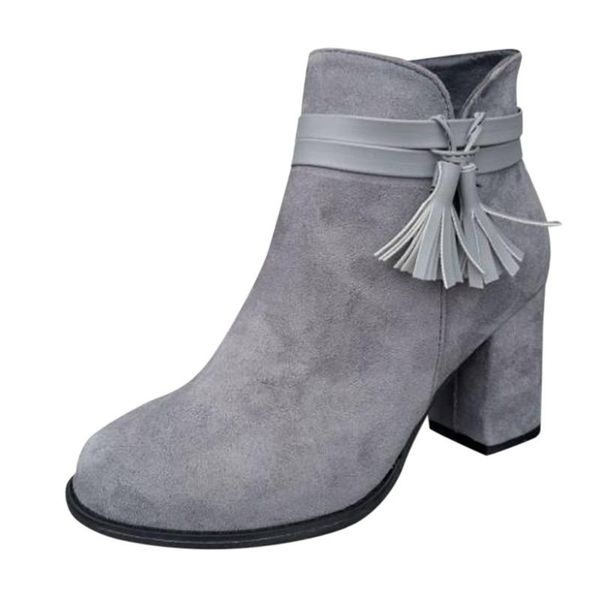 

boots ladies winter retro square with casual high heel autumn fashion tassel solid color booties bare, Black