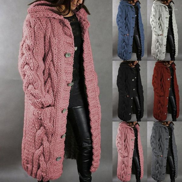 

2021 fashion women sweaters winter hooded long cardigans casual loose sweater female autumn single breasted puff coat plus size1, White