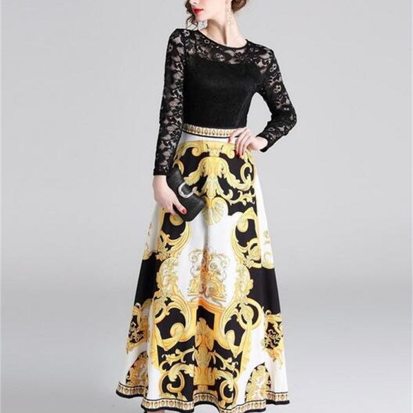 

black lace stitching vintage paisley print dress crew neck girl mid-calf long dresses street style dress long sleeve slim fit skirts, Black;pink