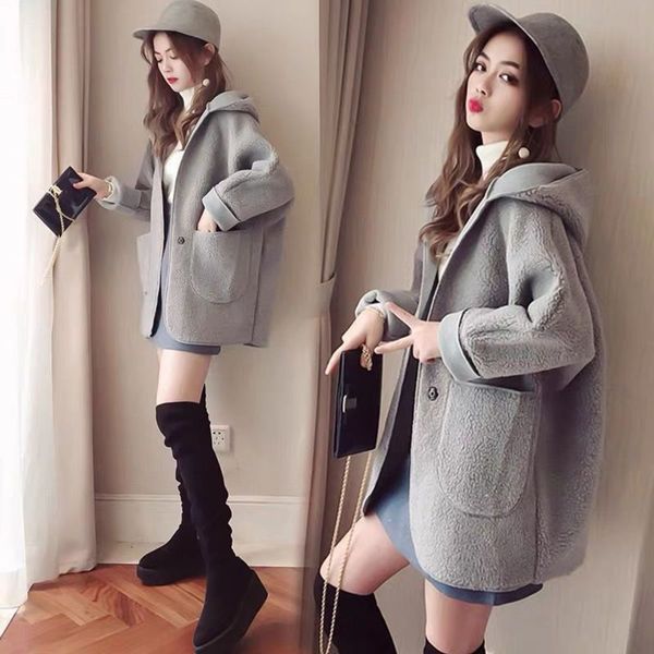 

women's lamb hair hooded woolen large medium long lazy style fat mm thick coat, Black;gray