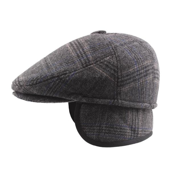 

warm winter beret hats with ear flap men retro caps stripe black wool felt hats for women thick forward flat ivy cap dad hat, Blue;gray