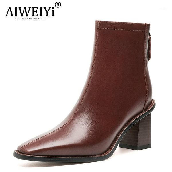 

boots aiweiyi autumn winter short thick high heels single square toe retro style black brown1