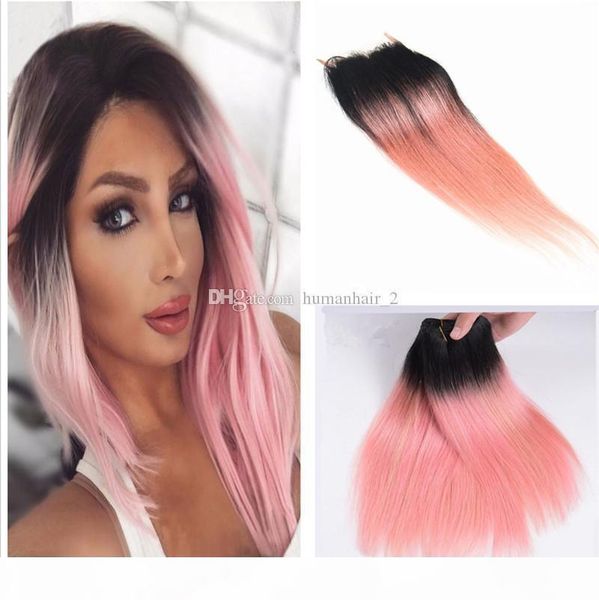 

8a brazilian hair 2 tone 1b #pink ombre straight hair bundles with lace closure ombre lace closure with hair extensions, Black;brown