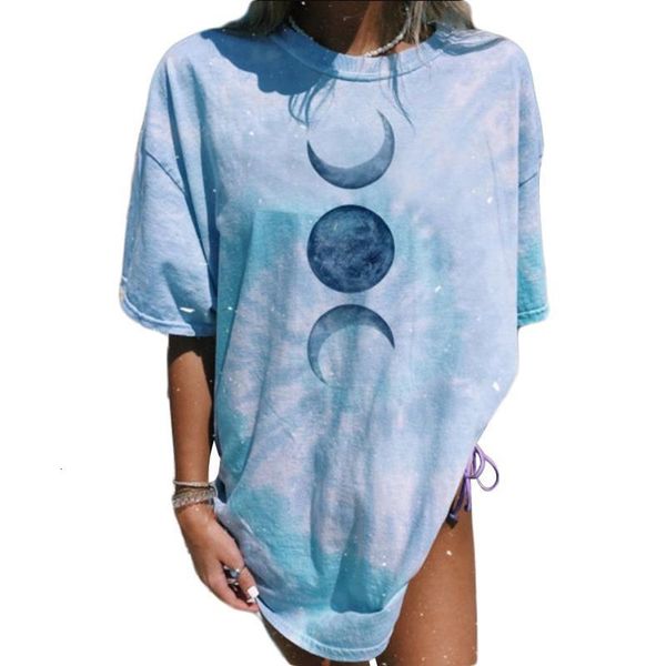 

2020 new summer women chic moon printed blue tie dye shirt o neck short sleeve loose casual street female t-shirt mujer camiseta, White