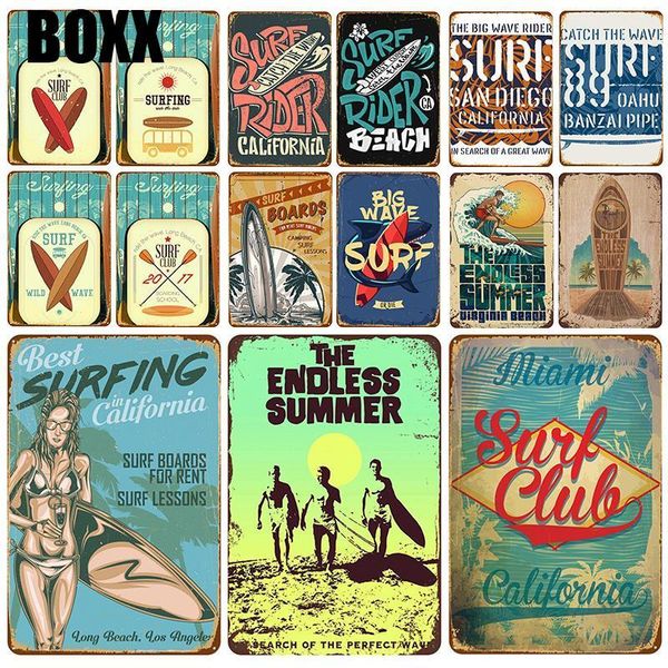 

2020 surfboard plaques travel seaside metal vintage tin sign pin up shabby decor beach metal signs vintage bar poster pub plate art painting