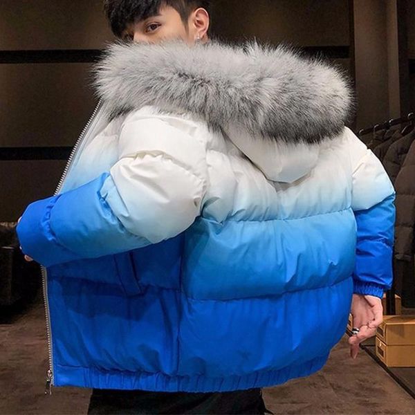

winter casual parka men coat with big fur collar gradient color outwear waterproof thicken warm gradual hooded outwear jacket, Black