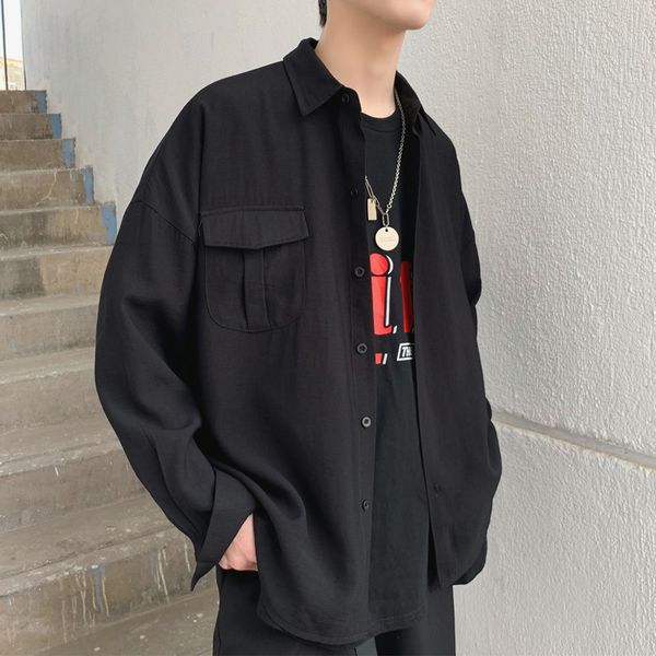 

spring summer korean pocket designed thin oversize men's black white casual shirt blouse y200104, White;black