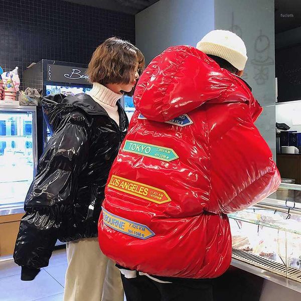

2020 glossy winter cotton padded jacket for man/women couple parkas thick warm bright short shiny jacket black red cotton parka1