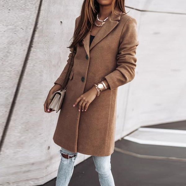 

2021 elegant fashion women long wool coat single-breasted design long sleeve solid color turn-down collar warm cardigan, Black