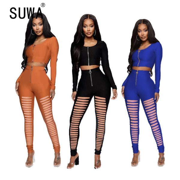 

women's tracksuits o nekc long sleeve crop and hole special design pants 2 pieces set tight club party lady fashion, Gray