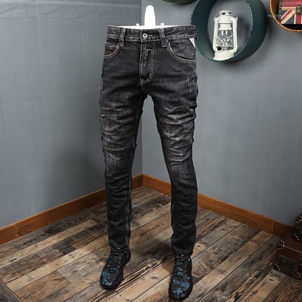 

men's jeans fashion streetwear men black gray color vintage designer slim fit ripped hip hop pants hombre1, Blue