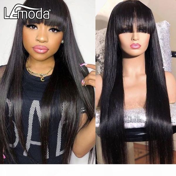 

lemoda straight lace front wig glueless human hair wigs bangs for women 150% density bang wig natural black fast shipping