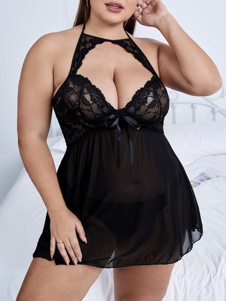 

plus contrast lace mesh halter dress b3qn#, Black;white