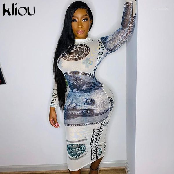 

casual dresses kliou women pattern print mesh o-neck full sleeve maxi skinny fitness see though streetwear party clubwear dress1, Black;gray