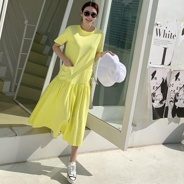 

2021 new summer short-sleeved dress female solid color cotton dress women korean style pluz size women clothing, Black;gray