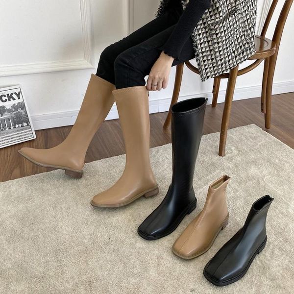 

woman flat boots thigh high heels high boots-women autumn shoes winter footwear zipper low over-the-knee 2020, Black