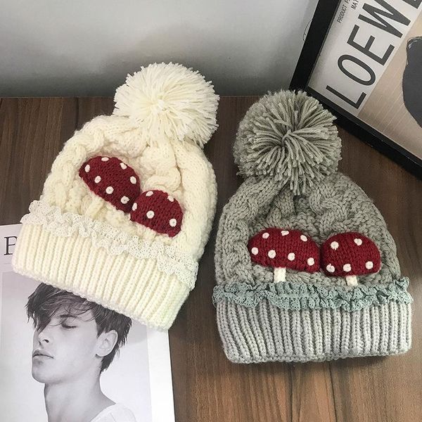

beanie/skull caps small mushroom wool hats autumn winter knitted hat pompon warm bonnet women skullies beanies christmas pompom gorros, Blue;gray