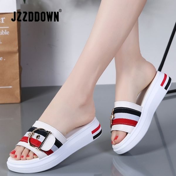 

jzzddown women slippers flat shoes woman genuine leather beach sandals ladies luxury belt platform slides flip flops summer y200624, Black