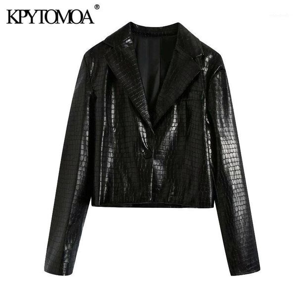 

kpytomoa women 2020 fashion faux leather cropped blazer coat vintage long sleeve single button female outerwear chic 1, White;black