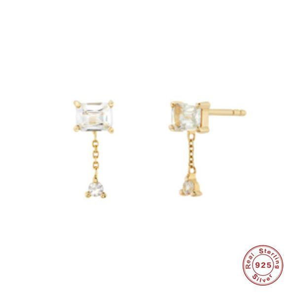 

stud aide 925 sterling silver rectangle zircon earrings with triangle crystal chain pendant earring for women wedding jewelry, Golden;silver
