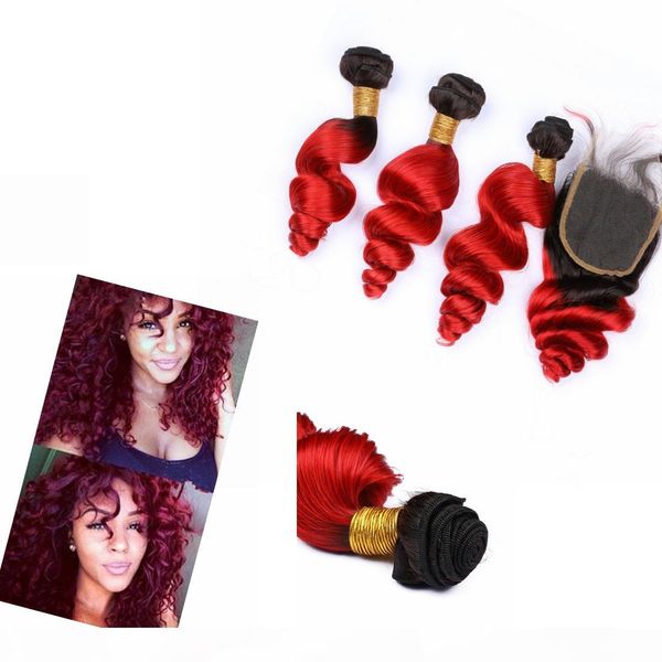 

malaysian ombre hair with closure 4" * 4" #1b red dark root virgin ombre hair bundles with closure loose wavy, Black;brown