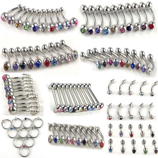 

100pcs/lot 10 styles crystal rhinestone navel nose ring ear stud belly tongue lip body piercing plug tunnel jewelry wholesale q sqckbg, Silver