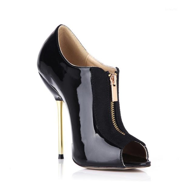 

womens peep toe ankle boots stilettos party shoes patent leather high metal heel pumps zipper plus size1, Black