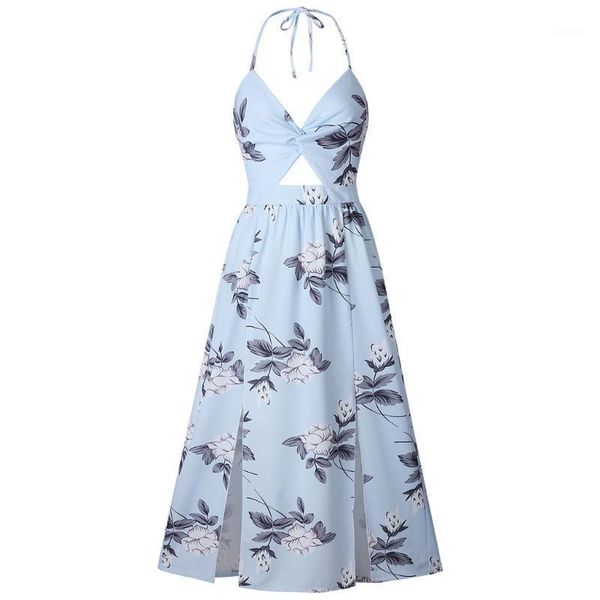 

2020 new women boho floral print beach dress sleeveless maxi dress party highlight your figure1, Black;gray
