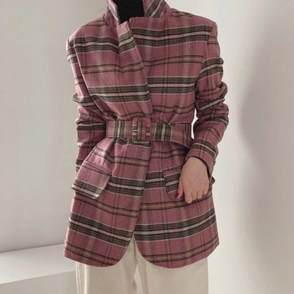 

[ewq] 2020 autumn winter female turn-down collar long-sleeved minimalist patchwork plaid woolen suit coat with belt pink jacket, Black;brown