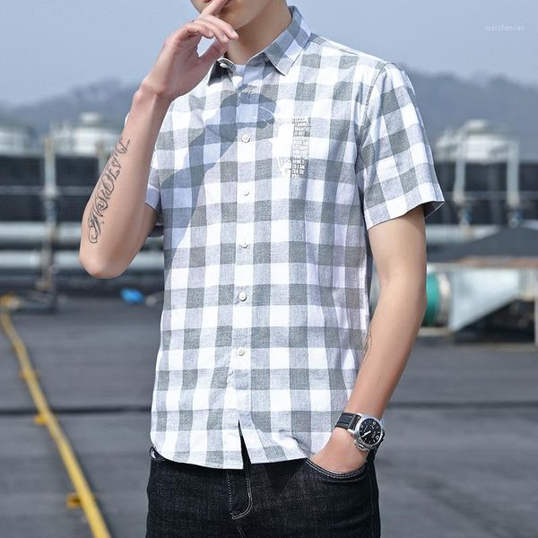 

men shirt cotton plaid short sleeve silm blouse male fashion casual slim shirts summer new arrival blue green grey1, White;black