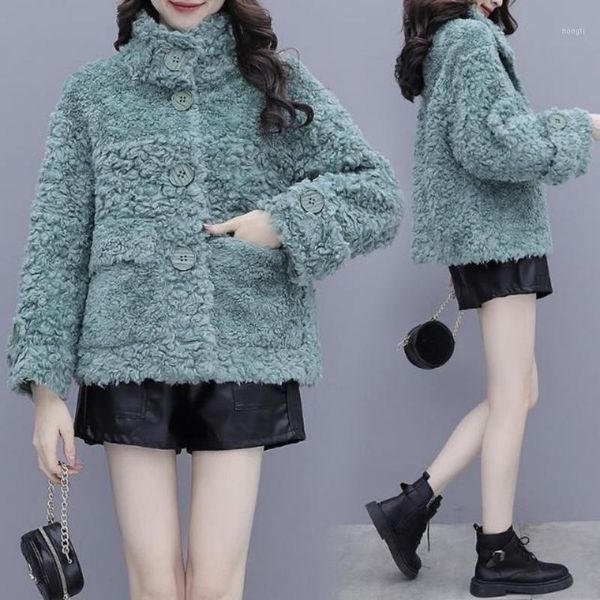

women 2021 autumn winter lamb wool faux fur coat female stand collar short jacket ladies artificial fur casual outerwear c1451, Black