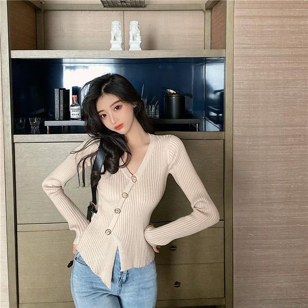 

women's knits & tees irregular retro knit sets early autumn the female long-sleeved v-neck design feeling gentle wind coat, White