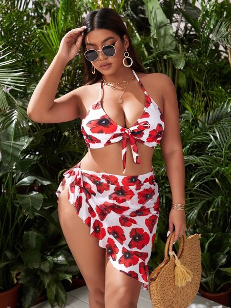 

plus floral knot front halter bikini swimsuit with beach skirt e143#, Black