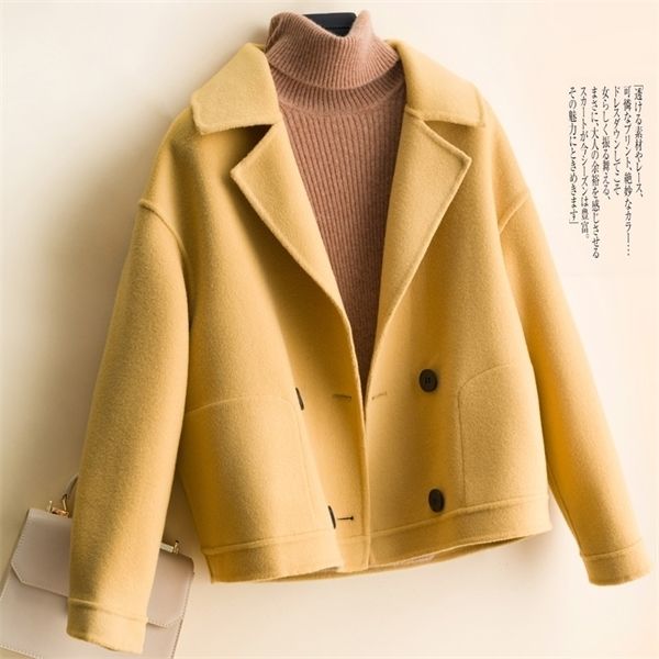 

short solid double wool coat women 2020 autumn and winter double breasted loose winter jacket casual casaco feminino y1126, Black