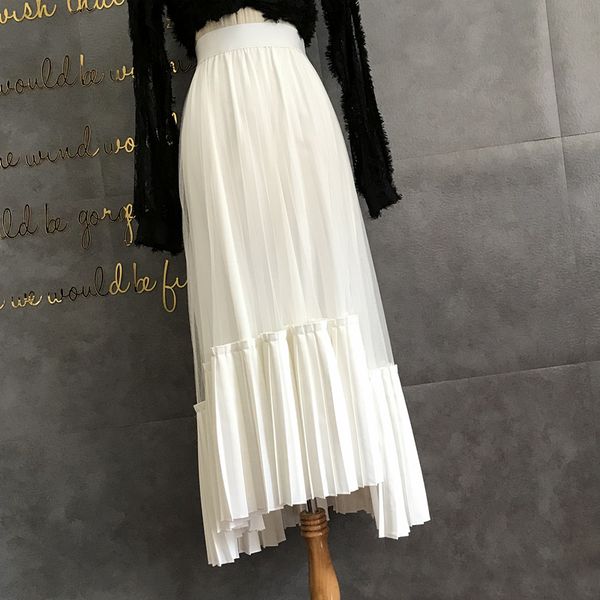 

irregular white gauze skirt pleated skirt autumn ladies show thin black a-line skirts work stretch in the y1214