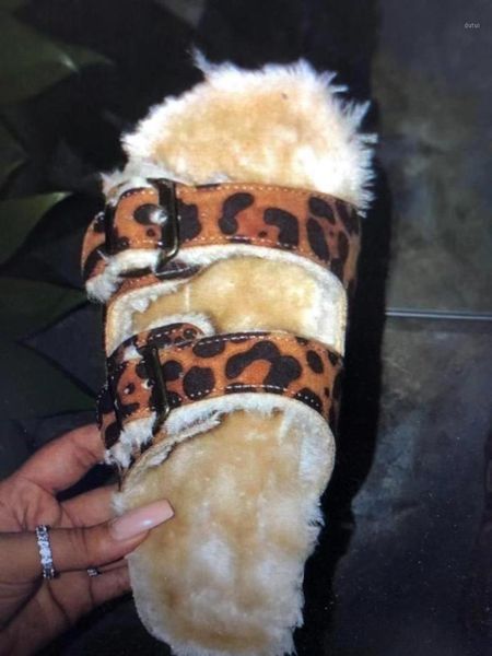 

winter new home women warm plush leather flip flop leopard fur slippers sandals women's shoes wild fashion slippers for women1, Black