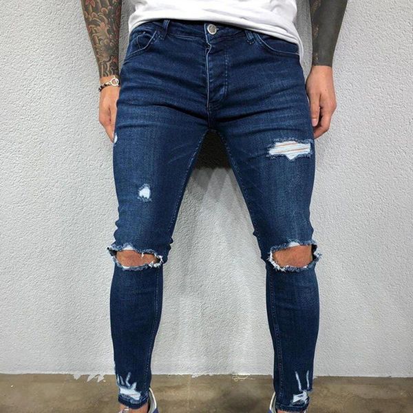 

men's jeans blue skinny fashion slim trousers pencil pants ripped denim jean male clothing